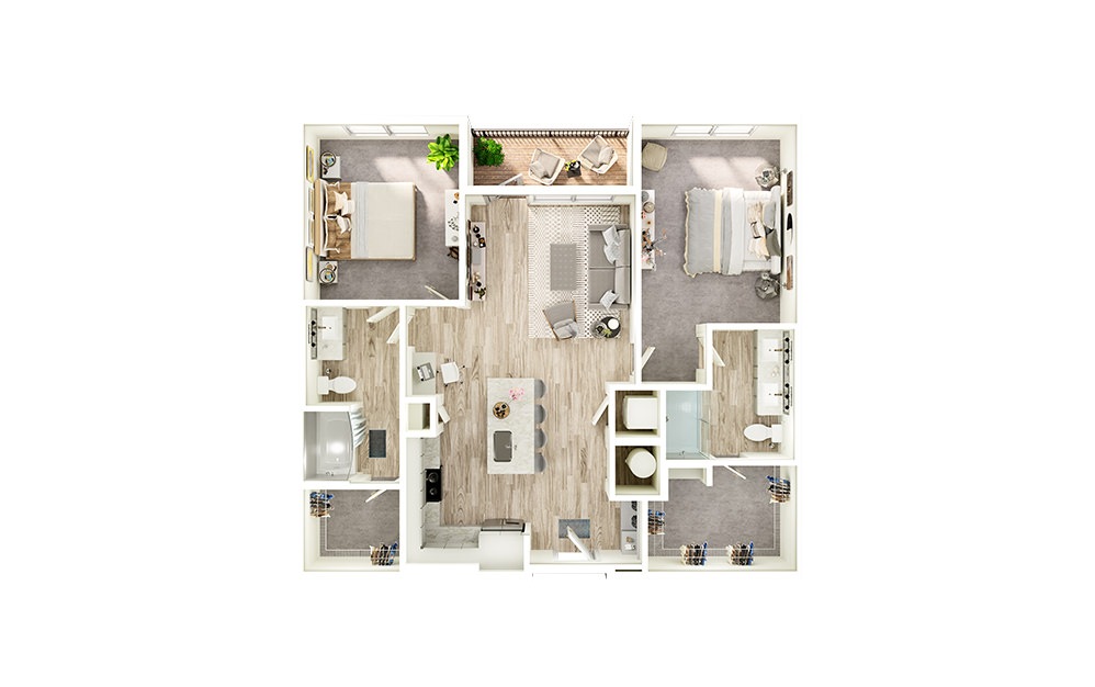 B2 - 2 bedroom floorplan layout with 2 baths and 1122 square feet.