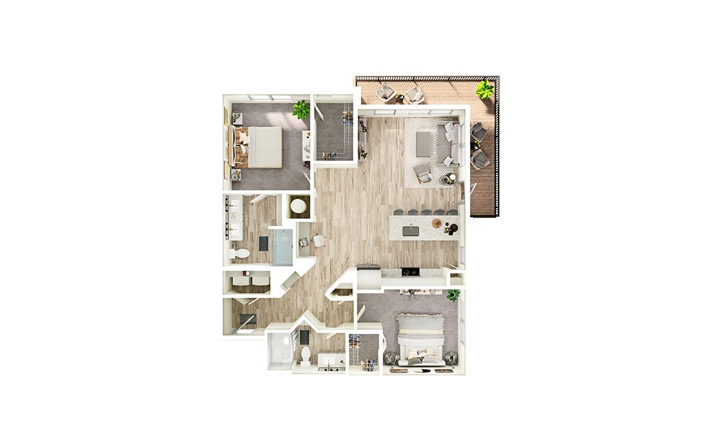 B3 - 2 bedroom floorplan layout with 2 baths and 1230 square feet.