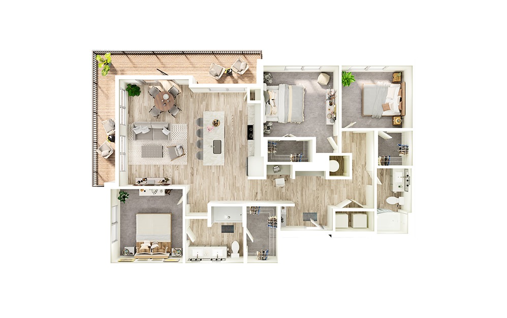 C1 - 3 bedroom floorplan layout with 2 baths and 1400 square feet.
